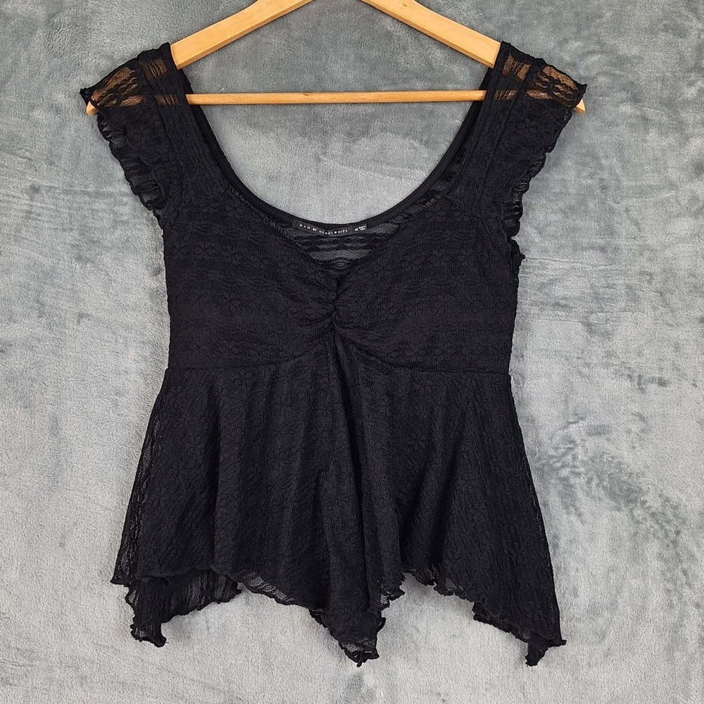 Womens Top Medium Black Fairy Grunge Whimsigoth Floral Sheer Babydoll Asymmetric